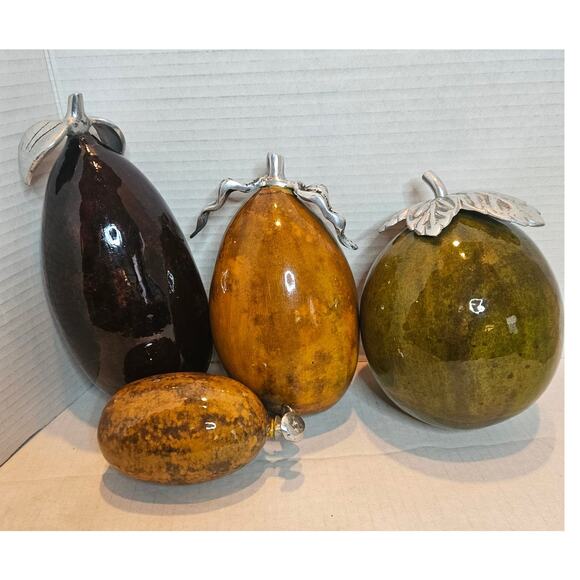 Artesana Home Vintage MCM Gourd Fruit Weighted Pewter Stem Leaf Eggplant - Picture 2 of 8